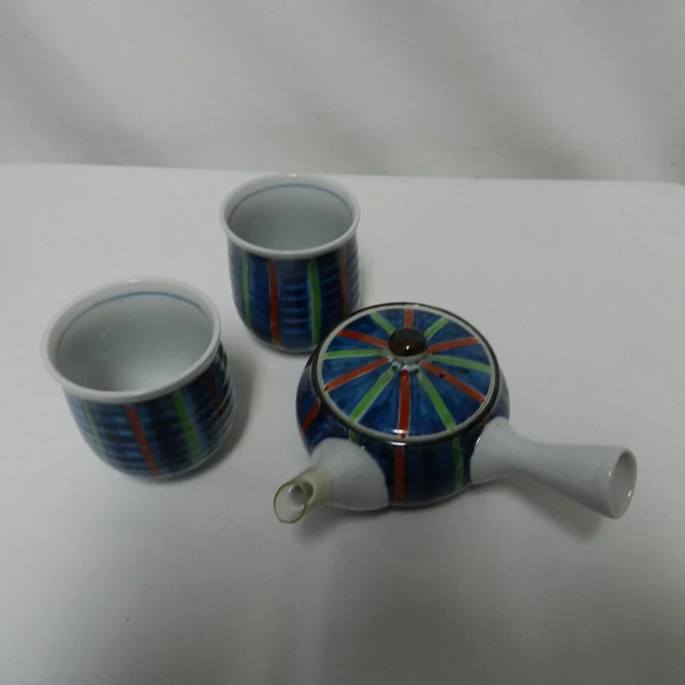 Japanese Kyusu Teapot w/ 2 Cups ceramic Japan striped blue green red white NEW